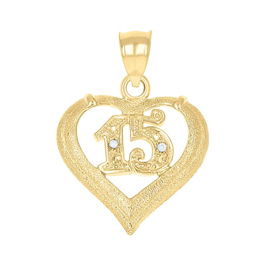 10K Two-Tone Gold Cubic-Zirconia Womens 15 Anos Heart Quinceanera Charm Pendant