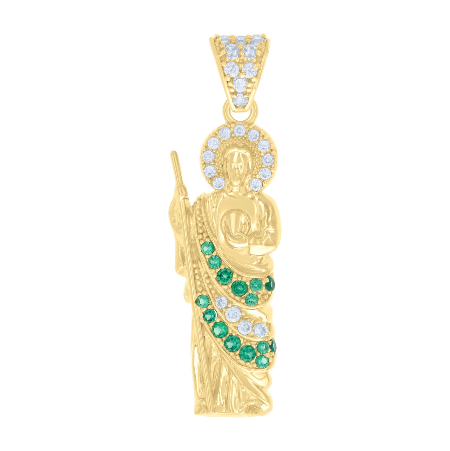 14K Yellow Gold Mens Green White Cubic-Zirconia St. Jude Religious Charm Pendant