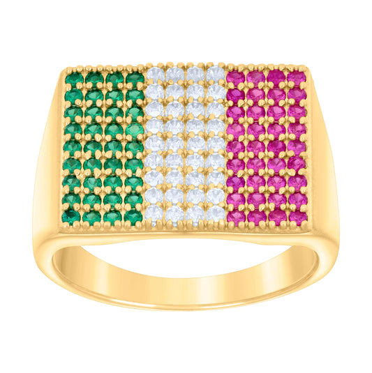 14K Yellow Gold Mens Green/Pink White Cubic-Zirconia Square Head Fashion Ring