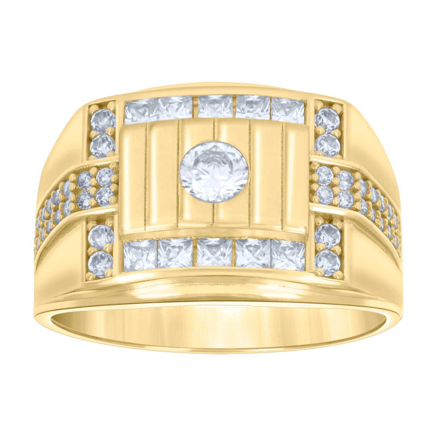 14K Yellow Gold Mens Princess-cut Round Cubic-Zirconia Fashion Ring