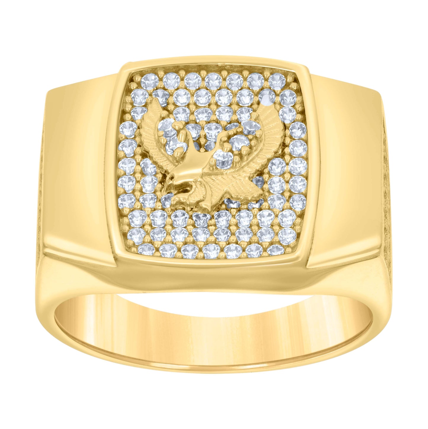 14K Yellow Gold Mens Cubic-Zirconia Square Head Eagle Bird Wildlife Ring