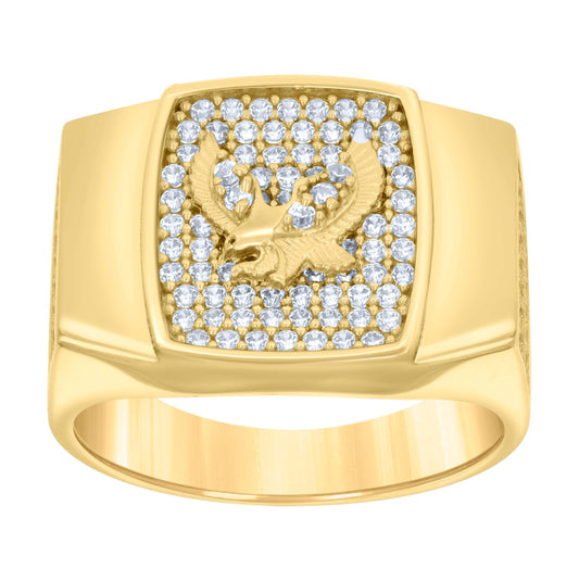 14K Yellow Gold Mens Cubic-Zirconia Square Head Eagle Bird Wildlife Ring