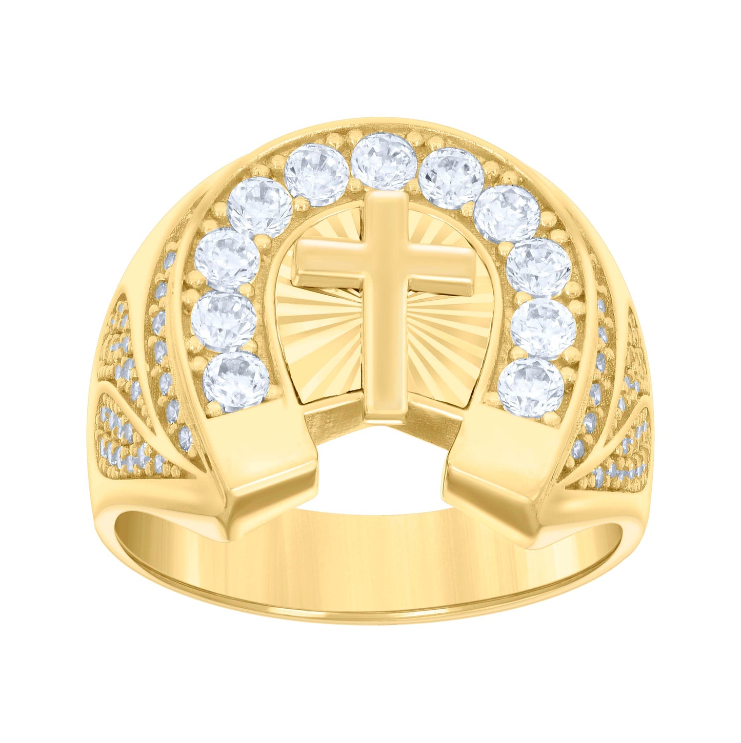 14K Yellow Gold Mens Cubic-Zirconia Cross Horseshoe Diamond-Cut Good Luck Ring