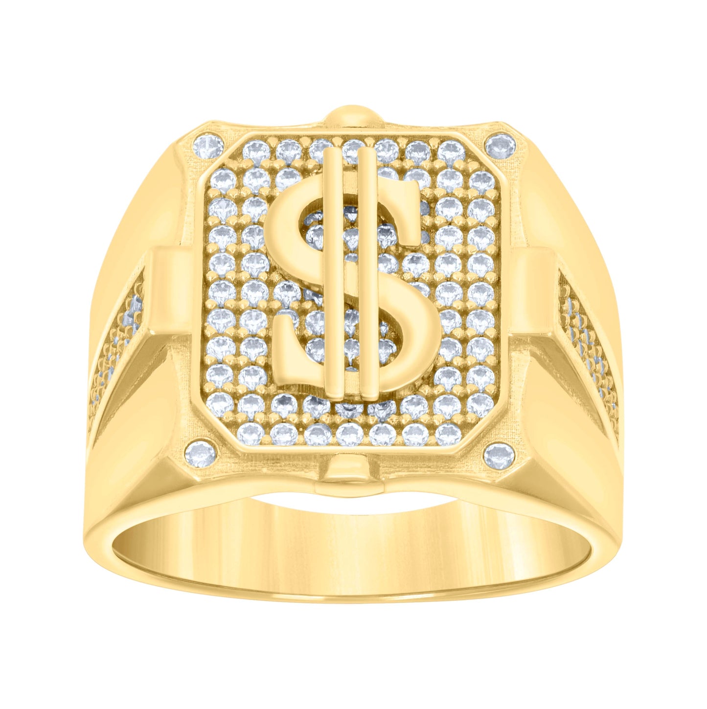 14K Yellow Gold Mens Cubic-Zirconia Dollar Sign Currency Fashion Ring