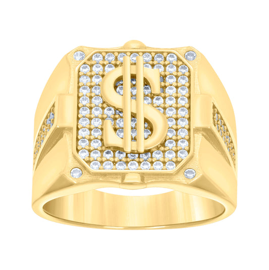 14K Yellow Gold Mens Cubic-Zirconia Dollar Sign Currency Fashion Ring