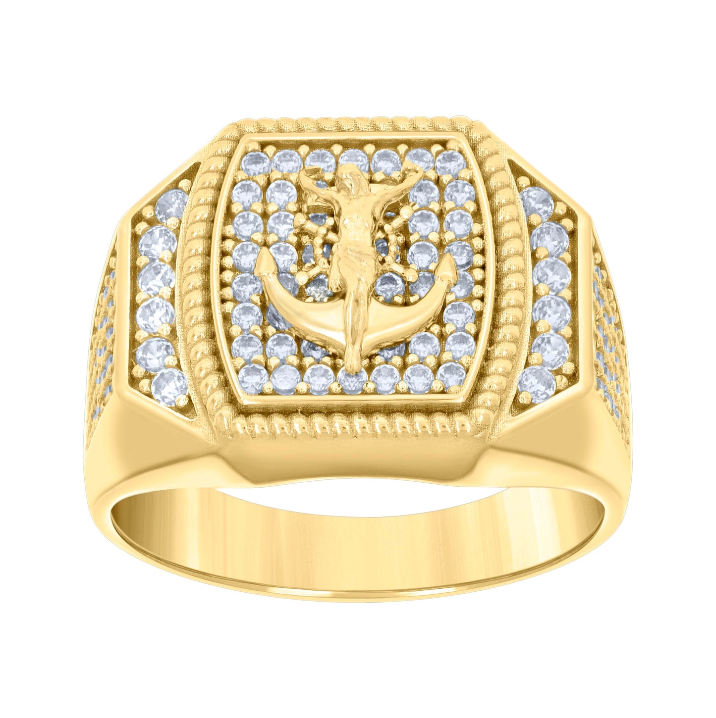 14K Yellow Gold Mens Cubic-Zirconia Anchor Crucifix Religious Ring
