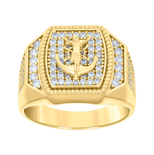 14K Yellow Gold Mens Cubic-Zirconia Anchor Crucifix Religious Ring