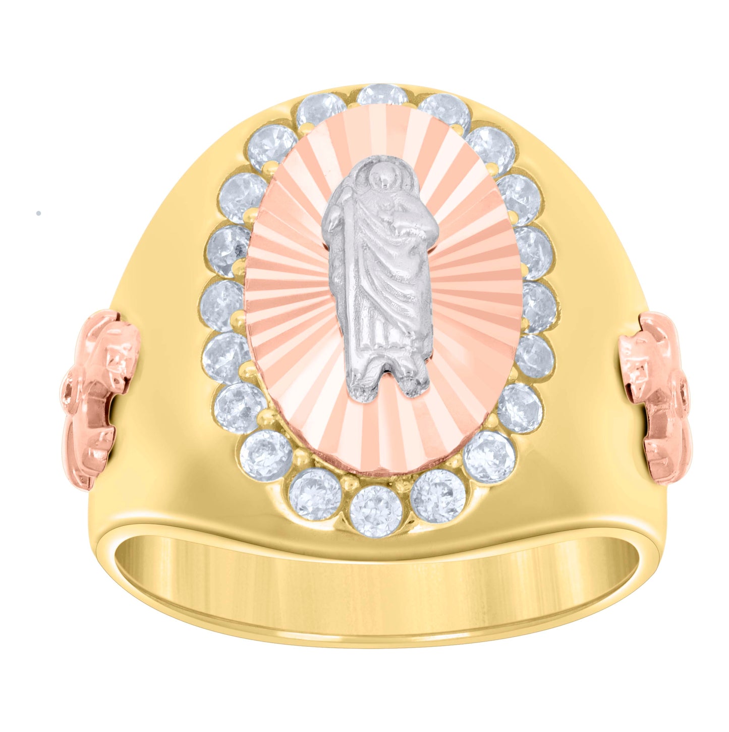 14K Two-tone Gold Mens Cubic-Zirconia Oval St. Jude Diamond-Cut Religious Ring