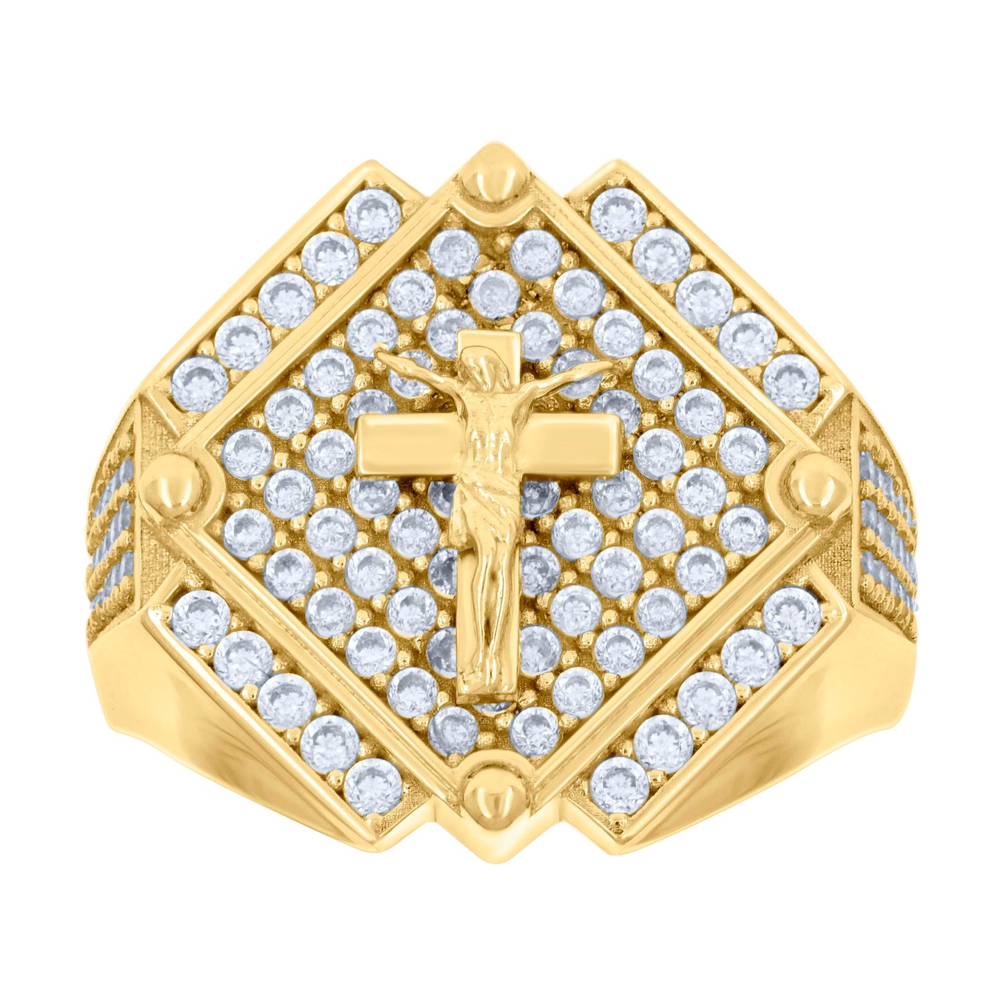 14K Yellow Gold Mens Cubic-Zirconia Crucifix Cross Religious Ring