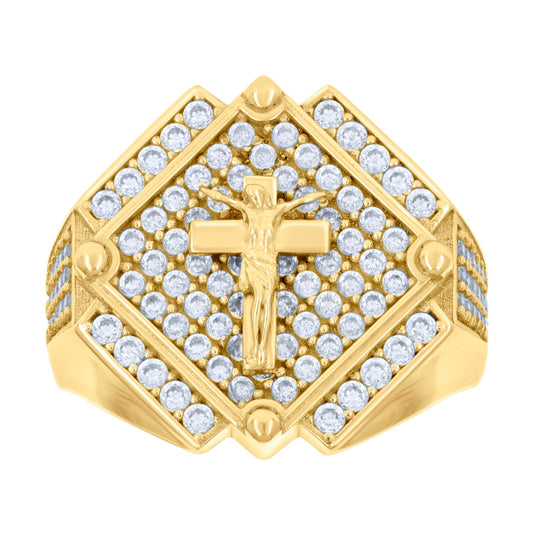 14K Yellow Gold Mens Cubic-Zirconia Crucifix Cross Religious Ring