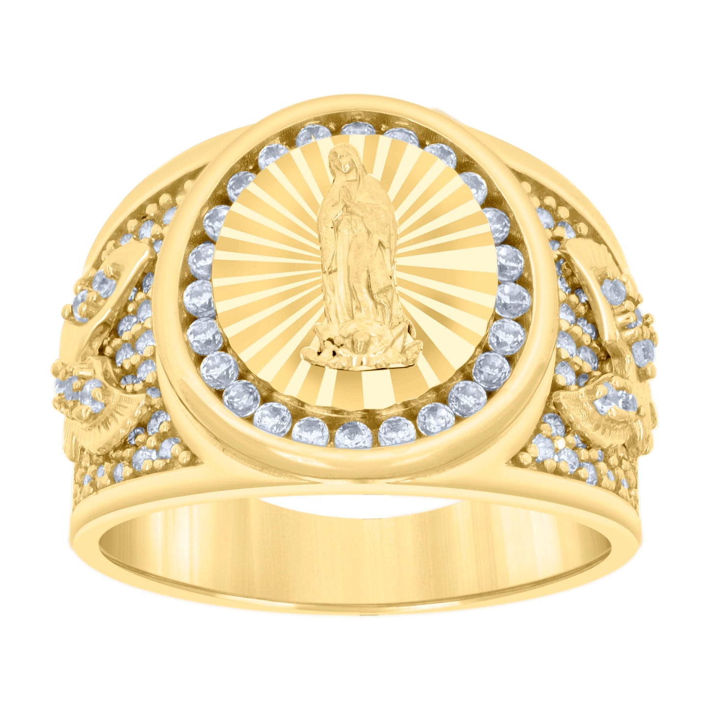 14K Yellow Gold Mens Cubic-Zirconia Guadalupe Diamond-Cut Religious Ring