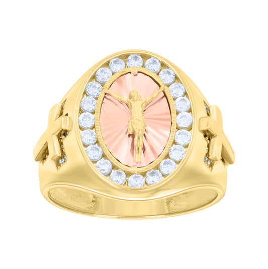 14K Two-tone Gold Mens Cubic-Zirconia Oval Crucifix Cross Diamond-Cut Religious Ring