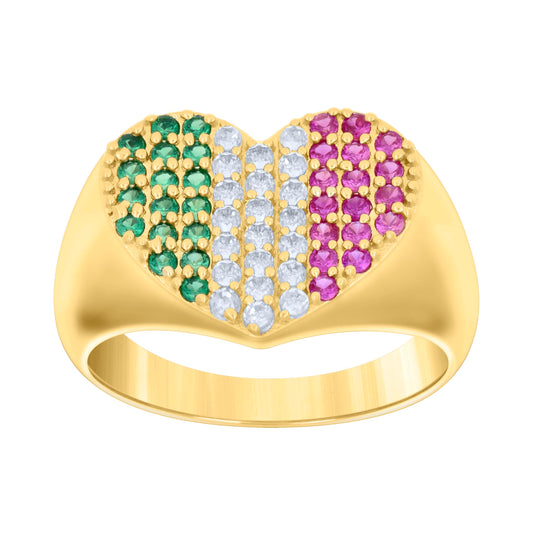 14K Yellow Gold Womens Green/Pink White Cubic-Zirconia Heart Ring