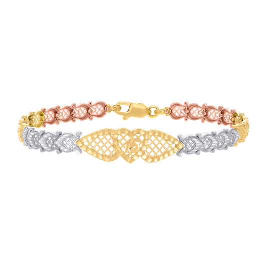 14K Tri-Color Gold Womens Heart 15 Quinceanera Charm Bracelet