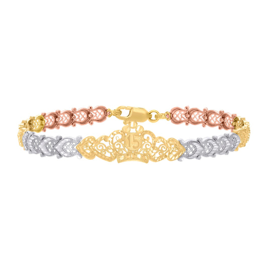 14K Tri-Color Gold Womens Crown 15 Anos Quinceanera Charm Bracelet