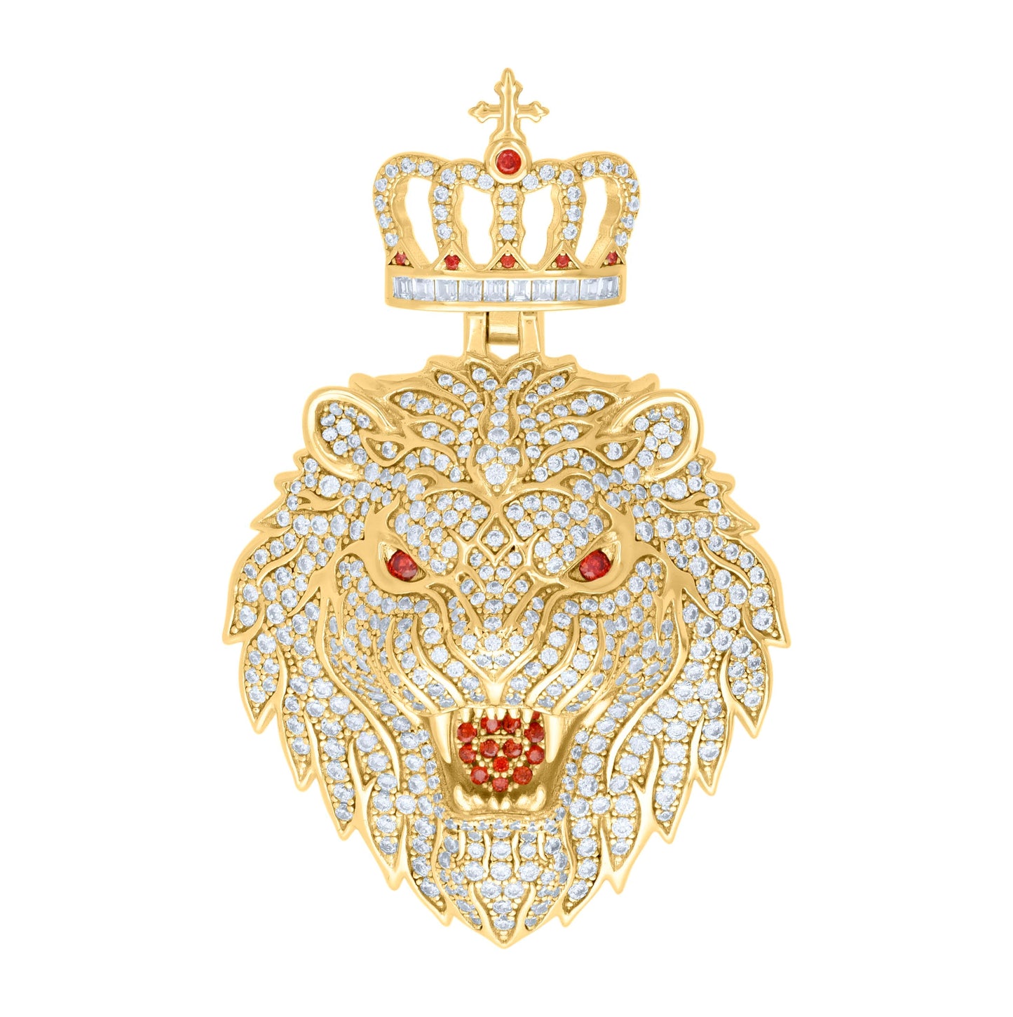 Sterling Silver Mens White Red Cubic-Zirconia King Lion Animal Wildlife Charm Pendant