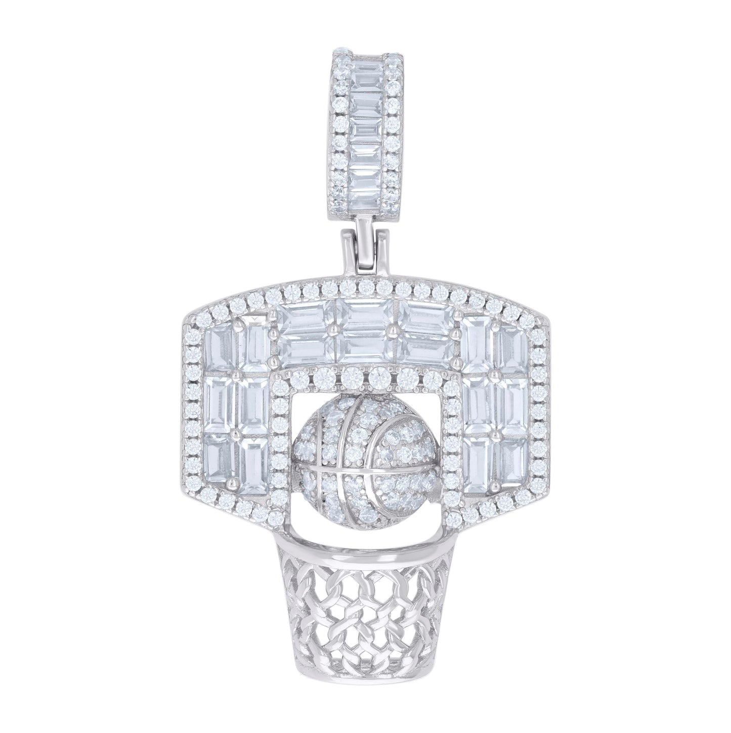 Sterling Silver Mens Round Baguette Cubic-Zirconia Basketball Sports Charm Pendant