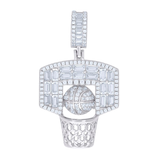 Sterling Silver Mens Round Baguette Cubic-Zirconia Basketball Sports Charm Pendant