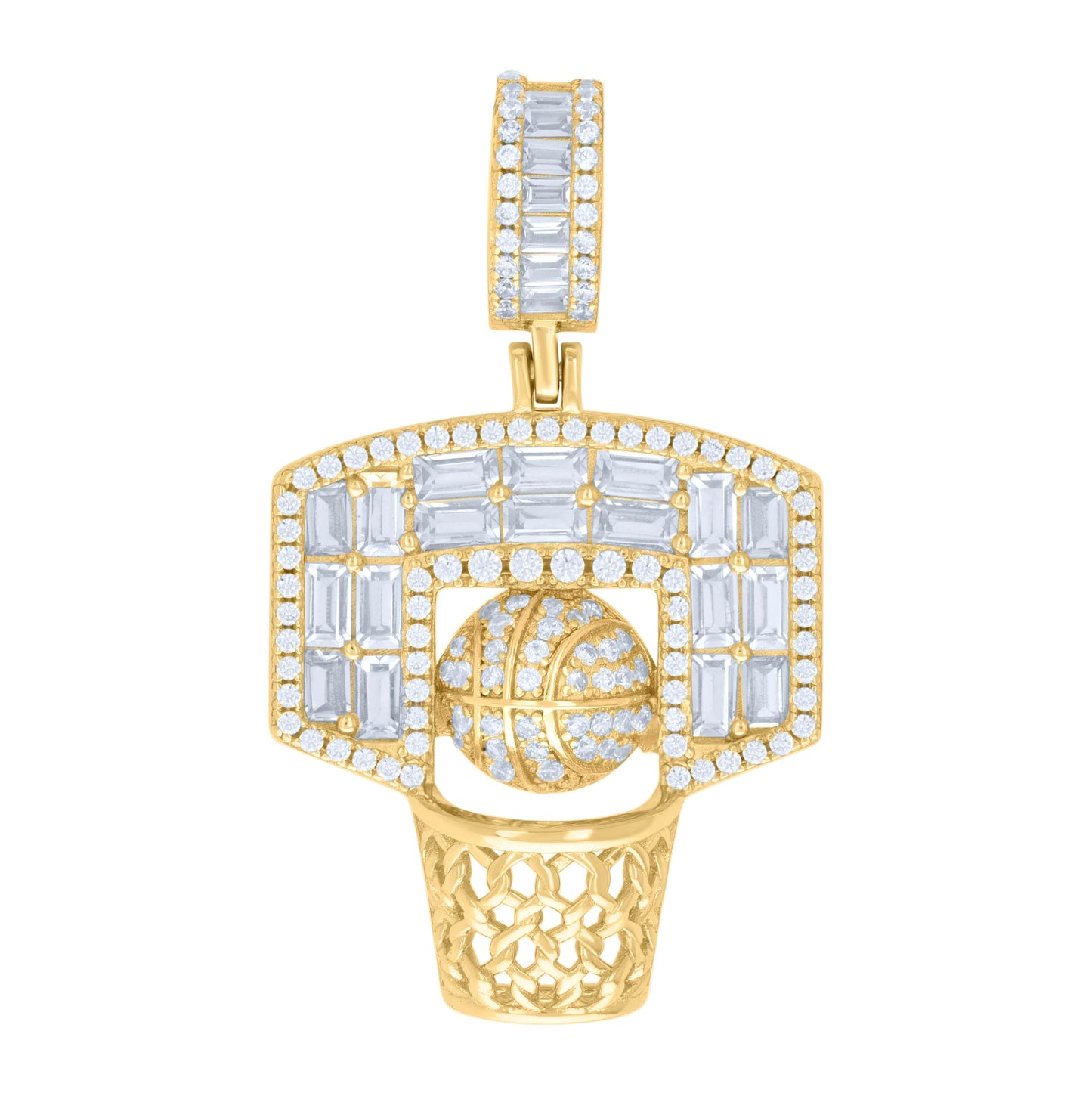 Sterling Silver Mens Round Baguette Cubic-Zirconia Basketball Sports Charm Pendant