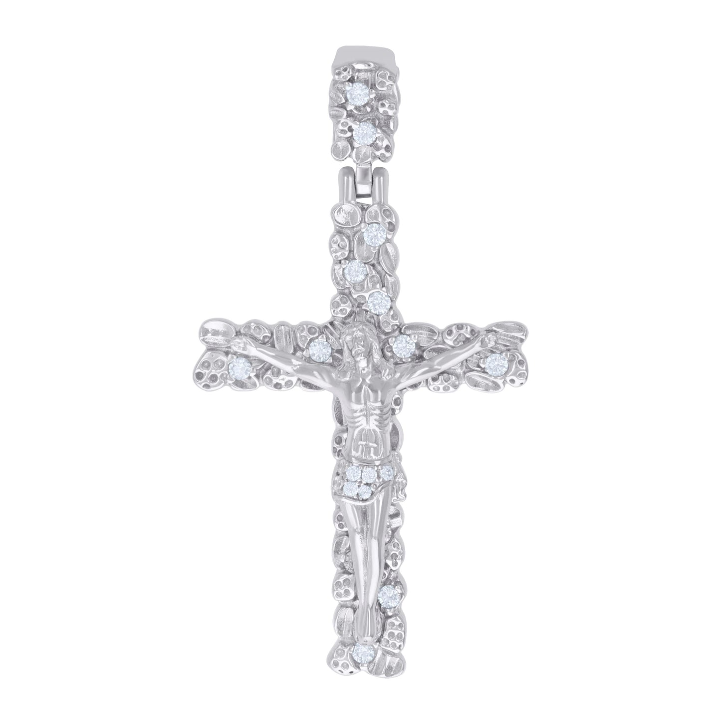 Sterling Silver Mens Cubic-Zirconia Nugget Crucifix Cross Religious Charm Pendant
