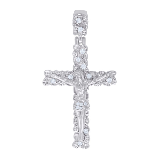 Sterling Silver Mens Cubic-Zirconia Nugget Crucifix Cross Religious Charm Pendant
