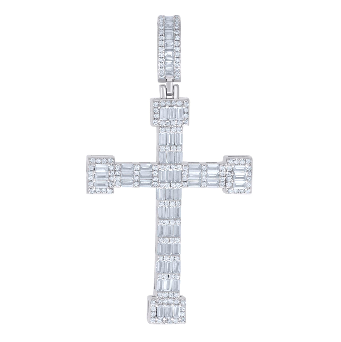 Sterling Silver Mens Baguette Round Cubic-Zirconia Cross Religious Charm Pendant