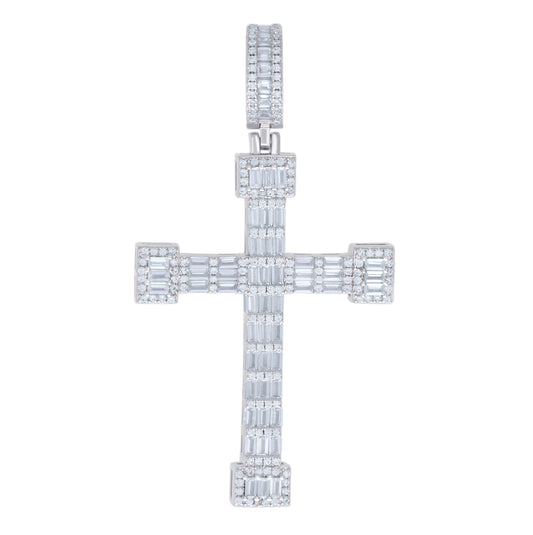Sterling Silver Mens Baguette Round Cubic-Zirconia Cross Religious Charm Pendant