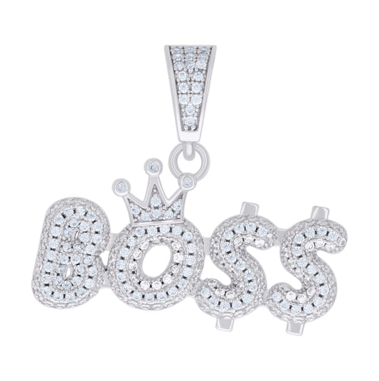 Sterling Silver Mens Cubic-Zirconia Crown Boss Talking Charm Pendant