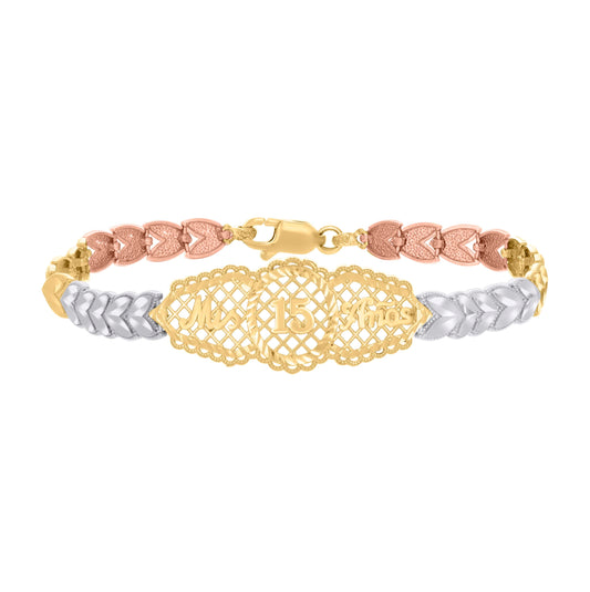 14K Tri-Color Gold Womens Mis 15 Anos Quinceanera Charm Bracelet
