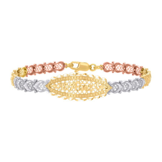 14K Tri-Color Gold Womens 15 Anos Quinceanera Charm Bracelet