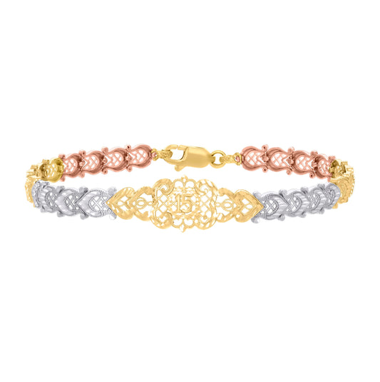 14K Tri-Color Gold Womens 15 Quinceanera Charm Bracelet