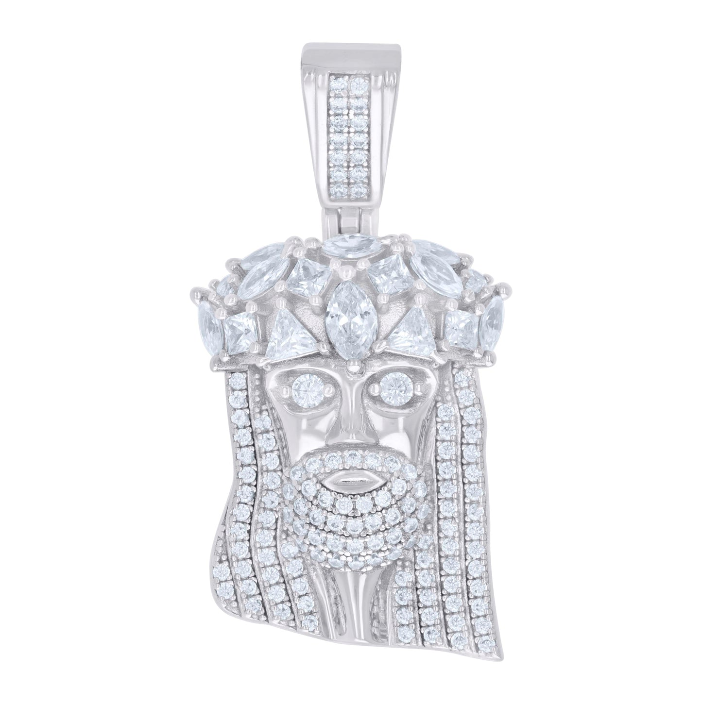 Sterling Silver Mens Trillion, Princess-cut, Marquise Round Cubic-Zirconia Jesus Religious Charm Pendant