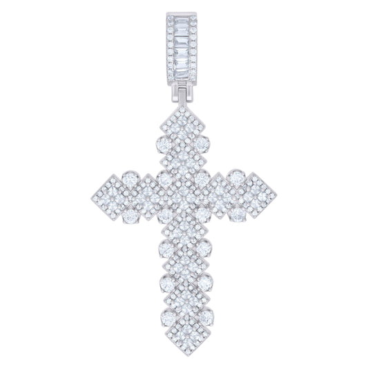Sterling Silver Mens Round Baguette/Princess-Cut Cubic-Zirconia Cross Religious Pendant