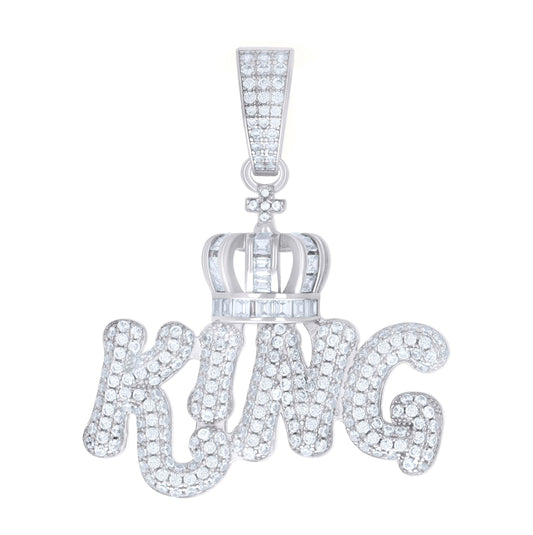 Sterling Silver Mens Round Princess-Cut Cubic-Zirconia Crown King Fashion Talking Charm Pendant