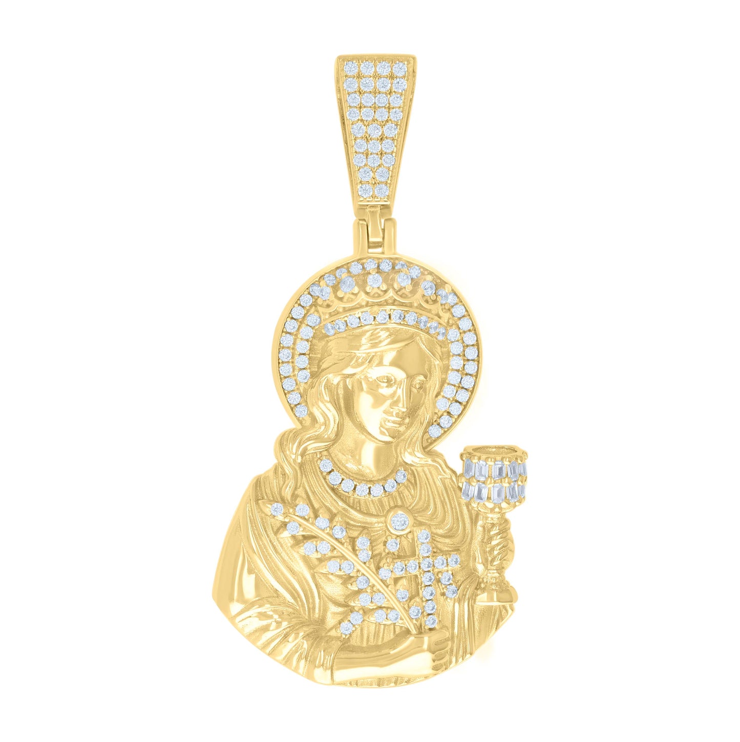 Sterling Silver Unisex Round Baguette Cubic-Zirconia ST. Barbara Religious Charm Pendant
