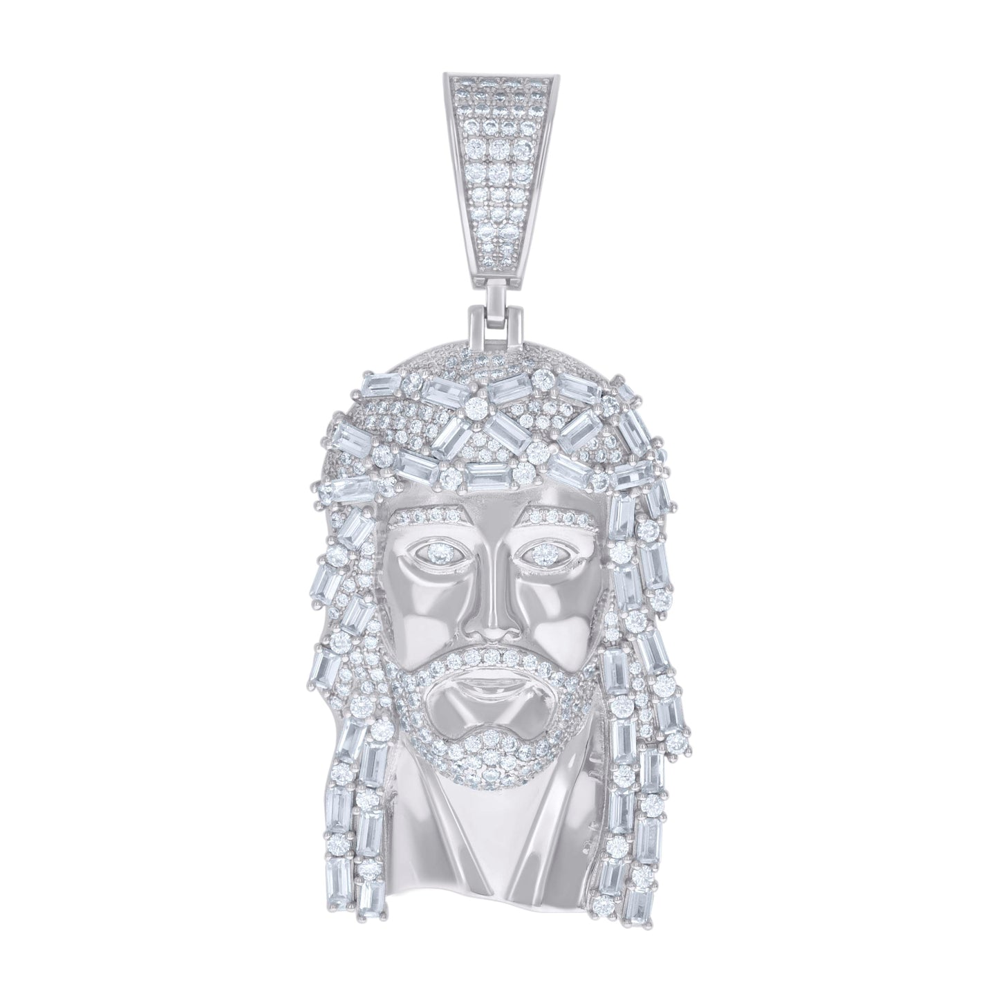 Sterling Silver Mens Baguette Round Cubic-Zirconia Jesus Religious Charm Pendant