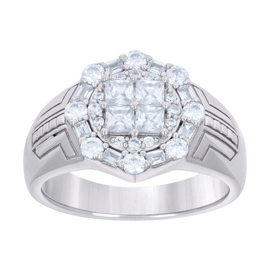 Sterling Silver Men's Baguette Round Cubic-Zirconia Fashion Bridal Anniversary Wedding Engagement Band Ring