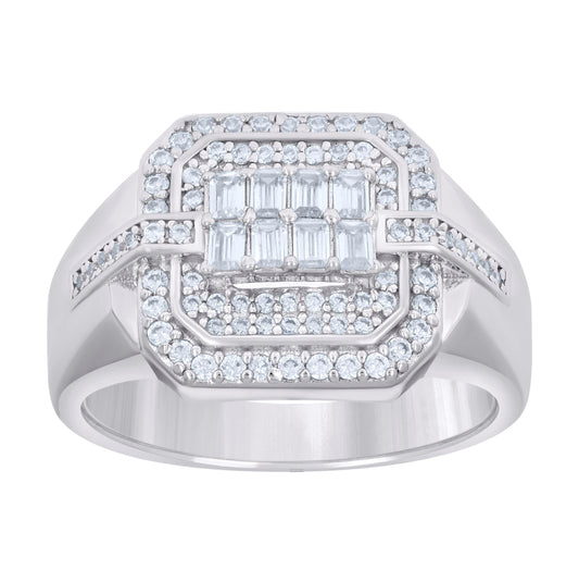 Sterling Silver Mens Baguette Round Cubic-Zirconia Octagon Head Fashion Bridal Anniversary Wedding Engagement Band Ring