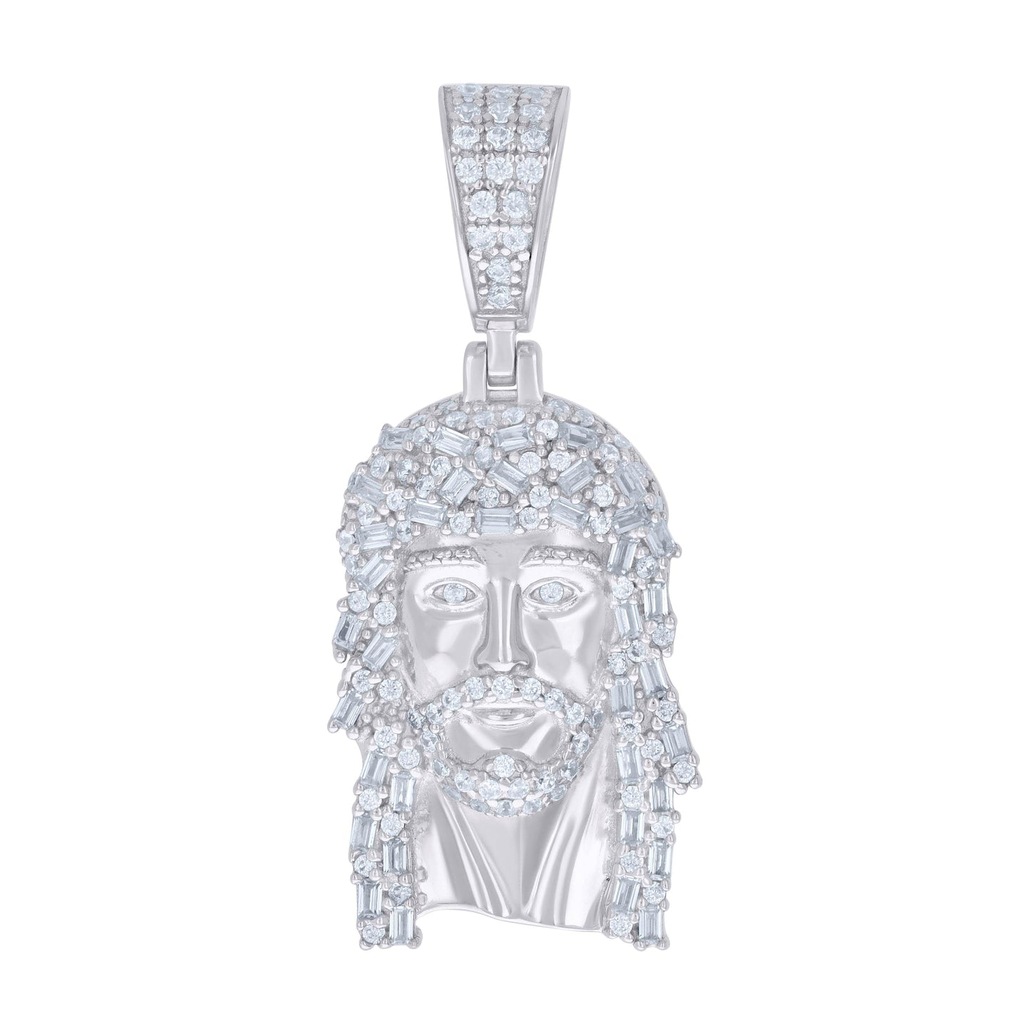 Sterling Silver Unisex Round Baguette Cubic-Zirconia Nuggets Jesus Religious Charm Pendant