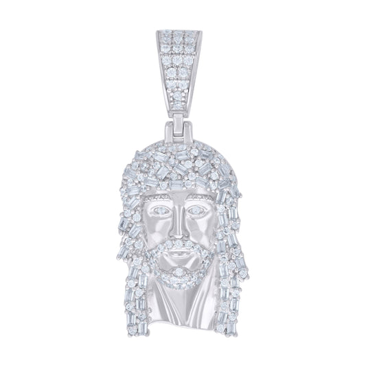 Sterling Silver Unisex Round Baguette Cubic-Zirconia Nuggets Jesus Religious Charm Pendant