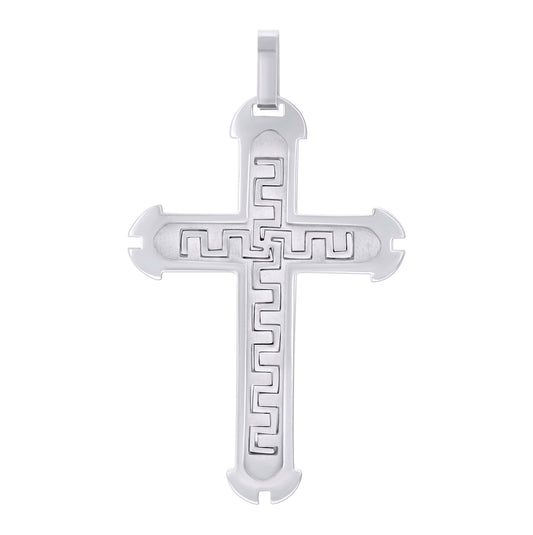 Stainless Steel Or Black-Tone Or Yellow-tone Mens Greek Key Cross Religious Charm Pendant