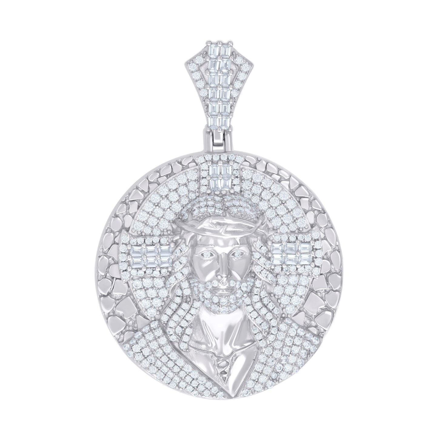 Sterling Silver Unisex Round Baguette Cubic-Zirconia Nuggets Jesus Religious Charm Pendant
