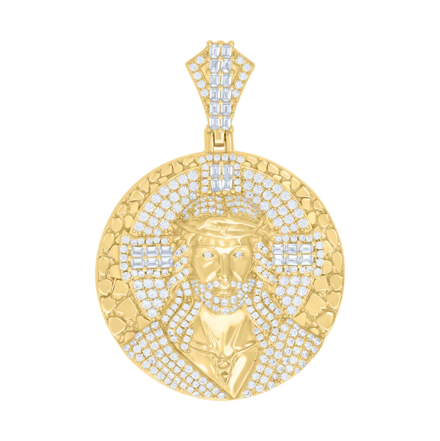 Sterling Silver Unisex Round Baguette Cubic-Zirconia Nuggets Jesus Religious Charm Pendant