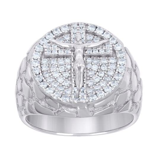 Sterling Silver Mens Cubic-Zirconia Crucifix Cross Religious Bridal Anniversary Wedding Engagement Band Ring