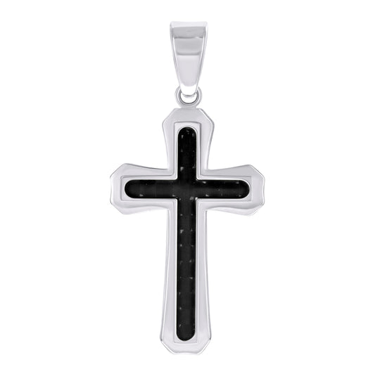 Stainless Steel Black-tone Or Yellow Tone Mens Carbon Fiber Inlay Cross Religious Charm Pendant