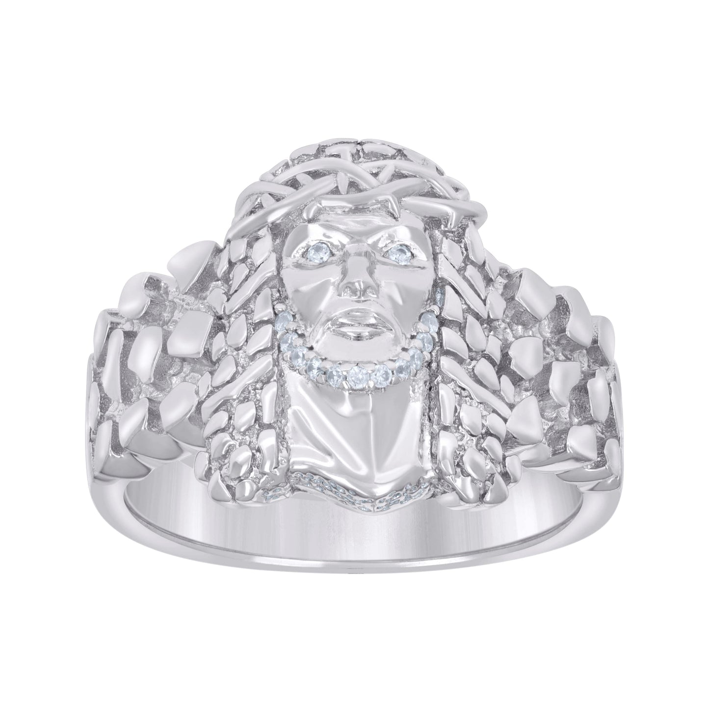Sterling Silver Mens Cubic-Zirconia Nugget Jesus Religious Bridal Anniversary Wedding Engagement Band Ring