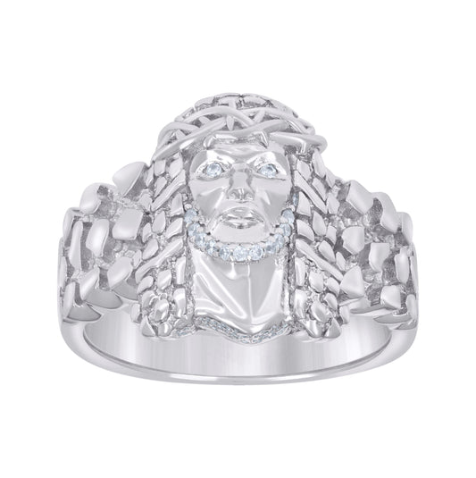 Sterling Silver Mens Cubic-Zirconia Nugget Jesus Religious Bridal Anniversary Wedding Engagement Band Ring