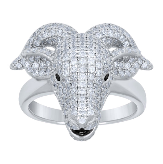 Sterling Silver Mens Cubic-Zirconia Black Enameled Goat Head Animal Wildlife Bridal Anniversary Wedding Engagement Band Ring