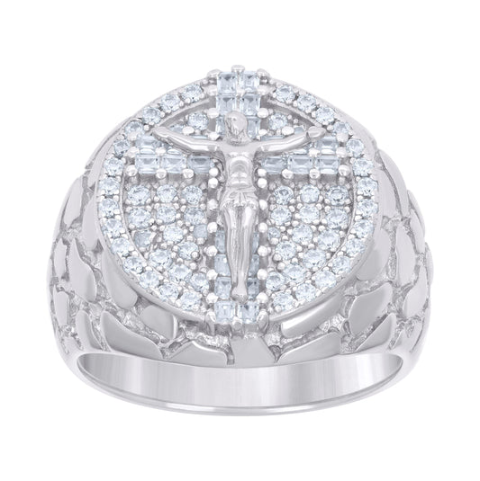 Sterling Silver Mens Baguette Round Cubic-Zirconia Nugget Crucifix Cross Religious Bridal Anniversary Wedding Engagement Band Ring