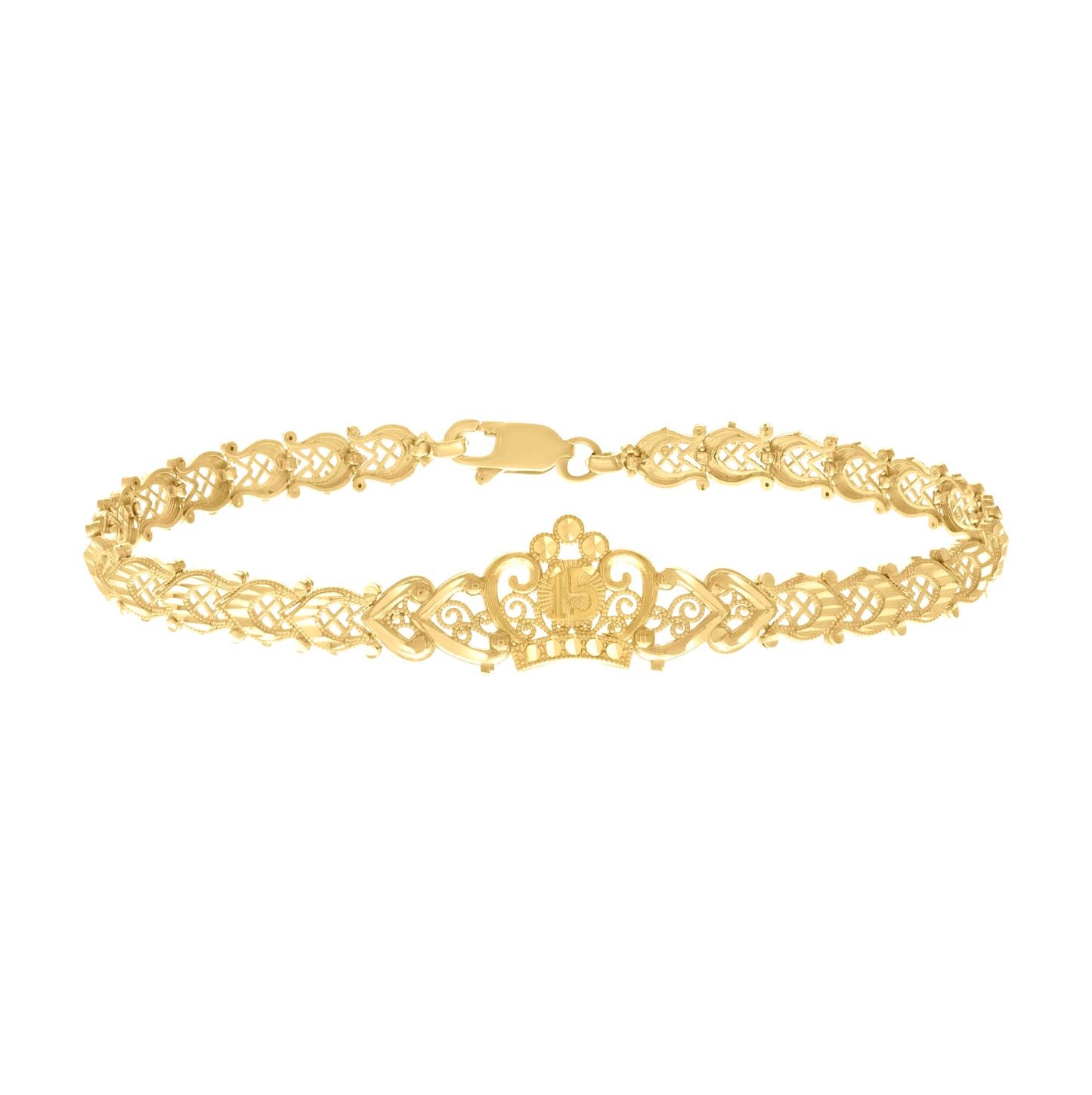 10K Yellow Gold Womens 15 Anos Quinceanera Charm Bracelet